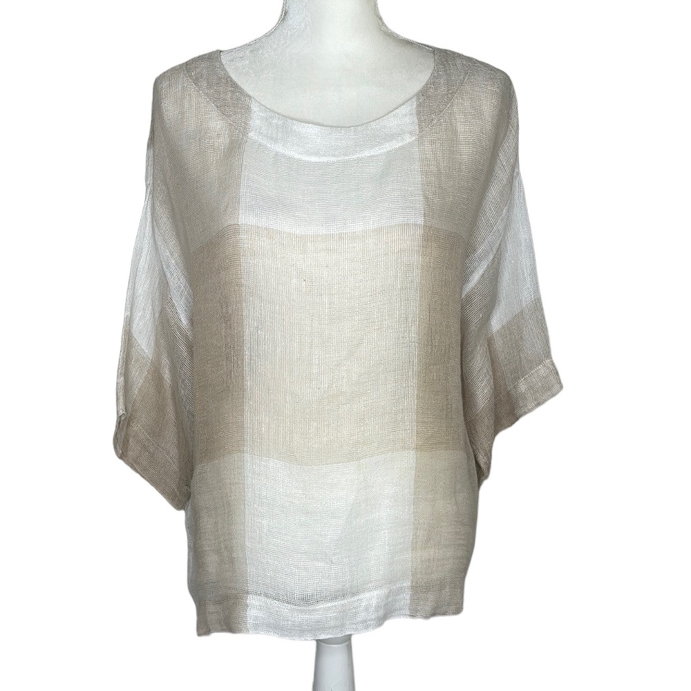 Pure Jill Linen Mesh White/Cream/Beige Block Print Lagan Beach Summer Top Sz XS
